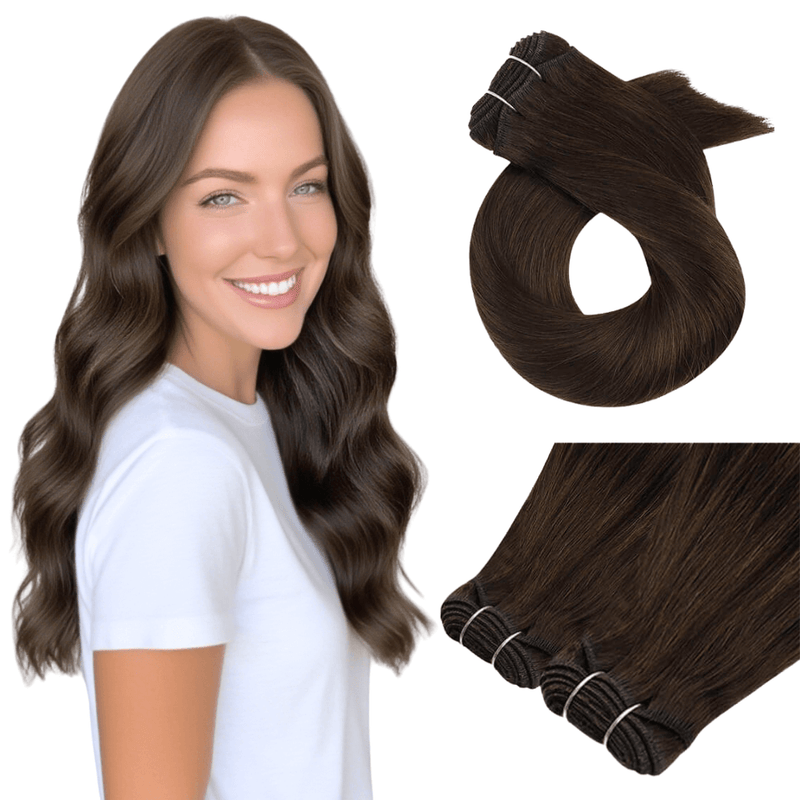 Load image into Gallery viewer, dark brown weft hair-extensions for thin hair-babe hair extensions-extensions for short hair-how to braid in hair extensions-sewn in hair extensions-best human hair extensions
