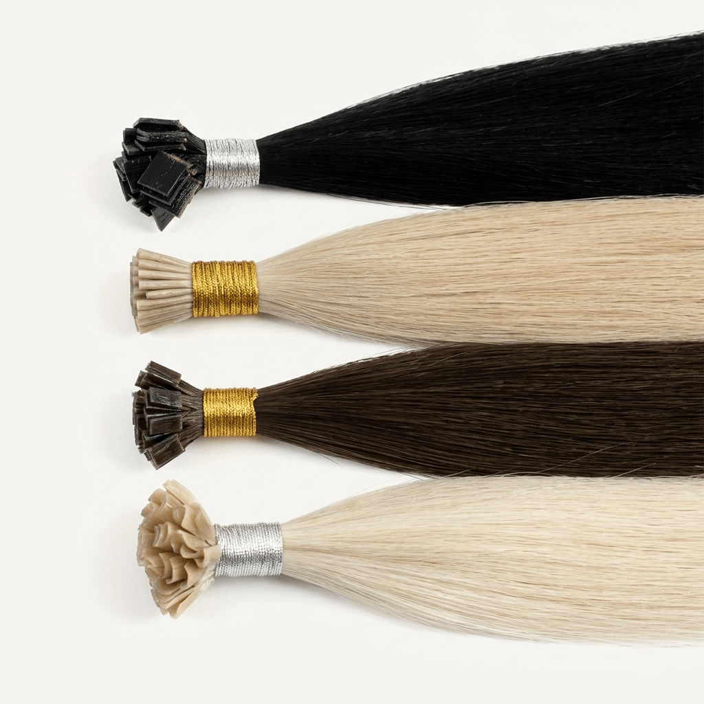 Four hair extension bundles arranged vertically on a white background, showing different hair colors: black, light beige, dark brown, and light blonde, each with a textured end and wrapped with silver or gold thread.