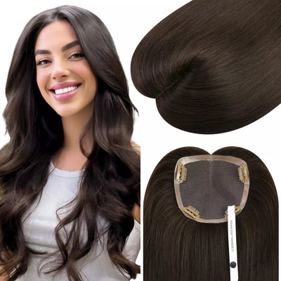 Human hair topper for thinning crown, provides natural volume and seamless coverage for women