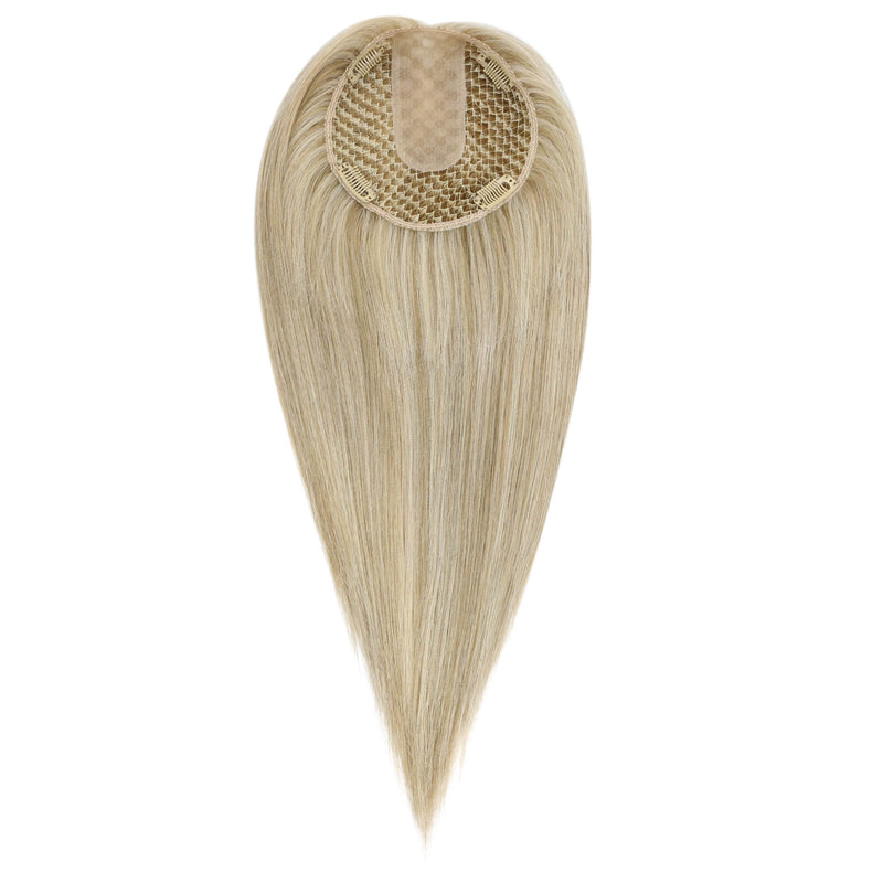 Load image into Gallery viewer, A heart-shaped hairpiece extension with long, straight blonde hair and a beige mesh crown, shown against a plain white background.
