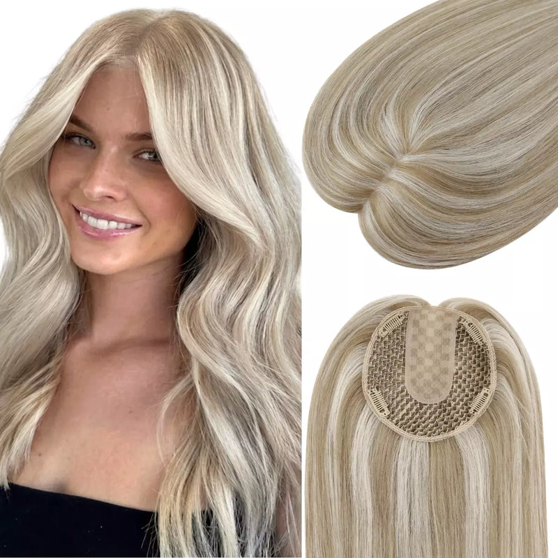 Load image into Gallery viewer, Woman with styled hair and close-up of a blonde highlights hair topper on a white background
