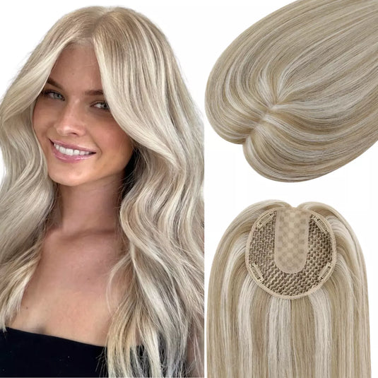 Woman with styled hair and close-up of a blonde highlights hair topper on a white background