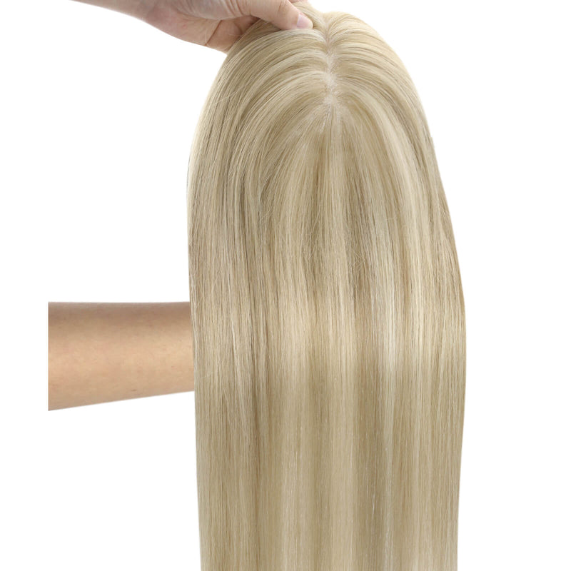 Load image into Gallery viewer, A long, straight topper with a blonde highlight color, displayed on a white mannequin head against a plain white background.
