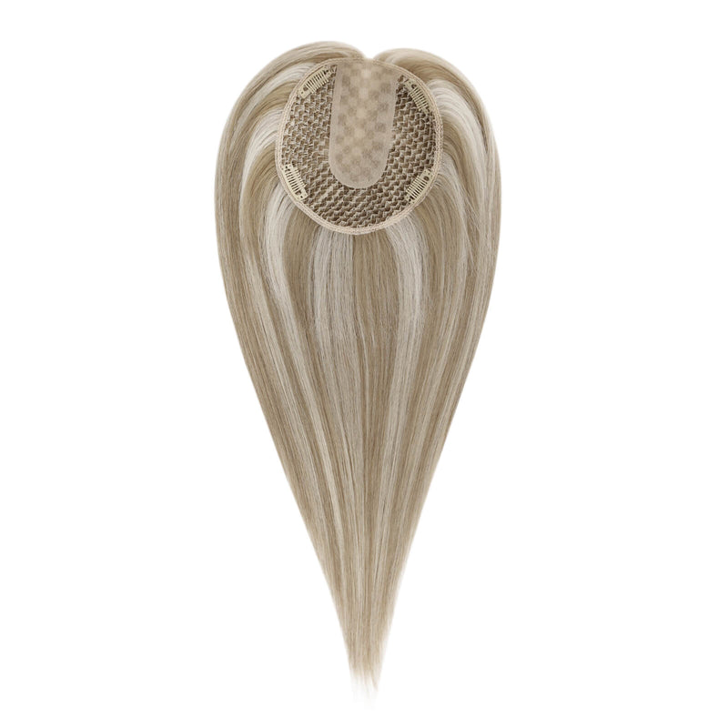 Load image into Gallery viewer, A heart-shaped hairpiece extension with long, straight blonde hair and a beige mesh crown, shown against a plain white background.
