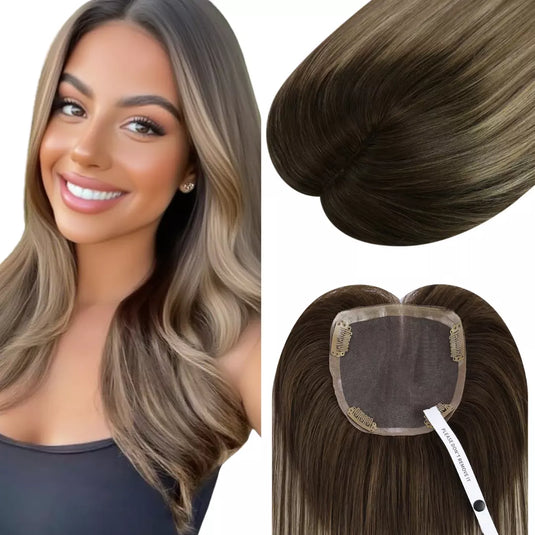 Balayage brown and blonde hair topper for women with thinning crown, real human hair piece