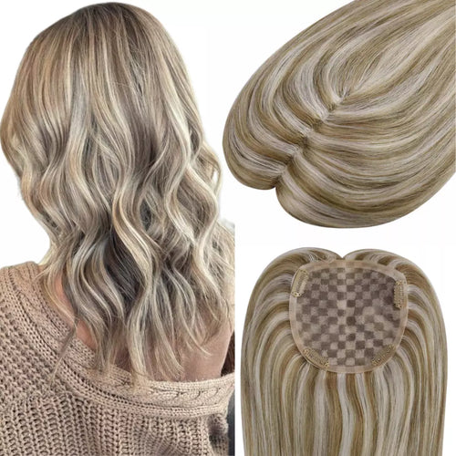 Highlight light brown mixed platinum blonde human hair topper for women with thinning crown, real Remy hair