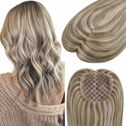 Highlight light brown mixed platinum blonde human hair topper for women with thinning crown, real Remy hair