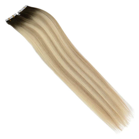 Moresoo deep brown to blonde ombre extensions, 18-inch ombre hair extensions, high-quality ombre balayage, luxurious brown to blonde ombre hair, seamless deep brown blonde ombre hair, natural ombre tape ins, invisible ombre hair extensions, salon-quality ombre extensions, smooth brown blonde ombre tape ins, premium ombre extensions
