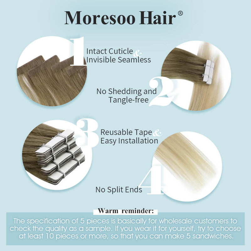 Moresoo Virgin Injection Skin Weft Tape Hair Extensions Balayage Blonde  (#BA8/60)