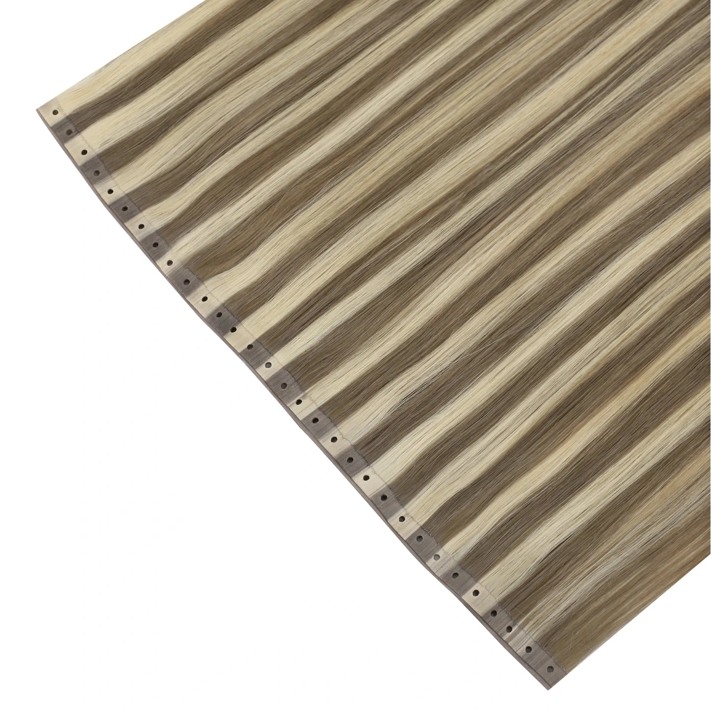 Blonde invisible butterfly weft hair extensions on a white background