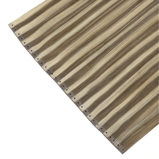 Blonde invisible butterfly weft hair extensions on a white background