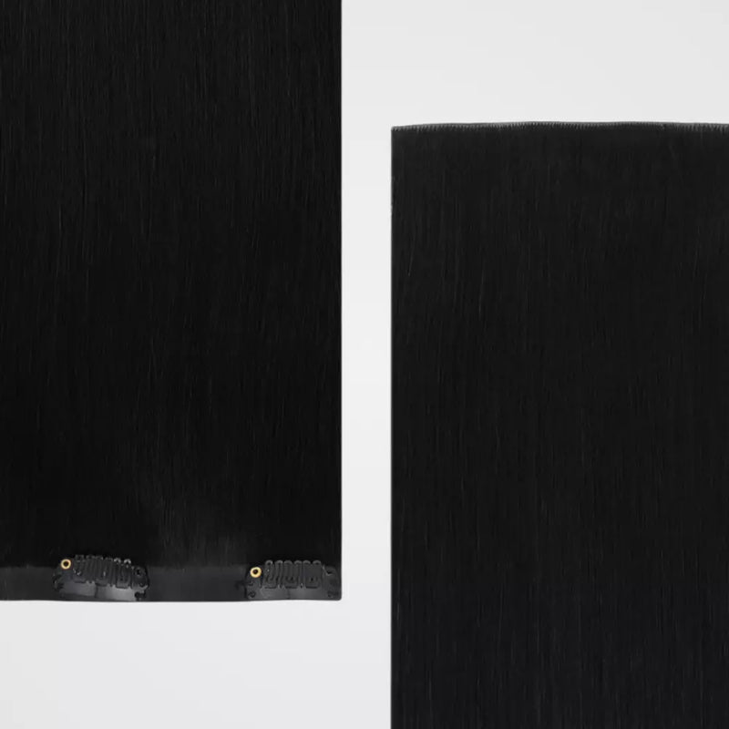 Load image into Gallery viewer, Black invisible clip hair extensions with black clips on a white background
