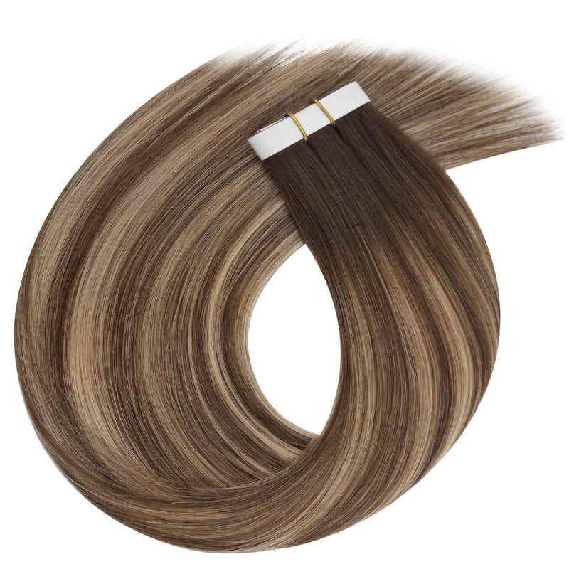 Load image into Gallery viewer, Invisible tape-in weft hair extensions with balayage brown on a white background
