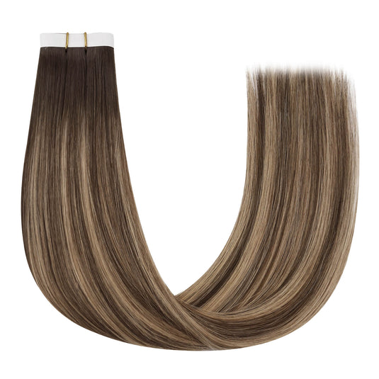 One bundle of straight invisible tape-in weft hair extensions featuring balayage brown, secured with white bands and gold elastic ties, displayed on a white background.
