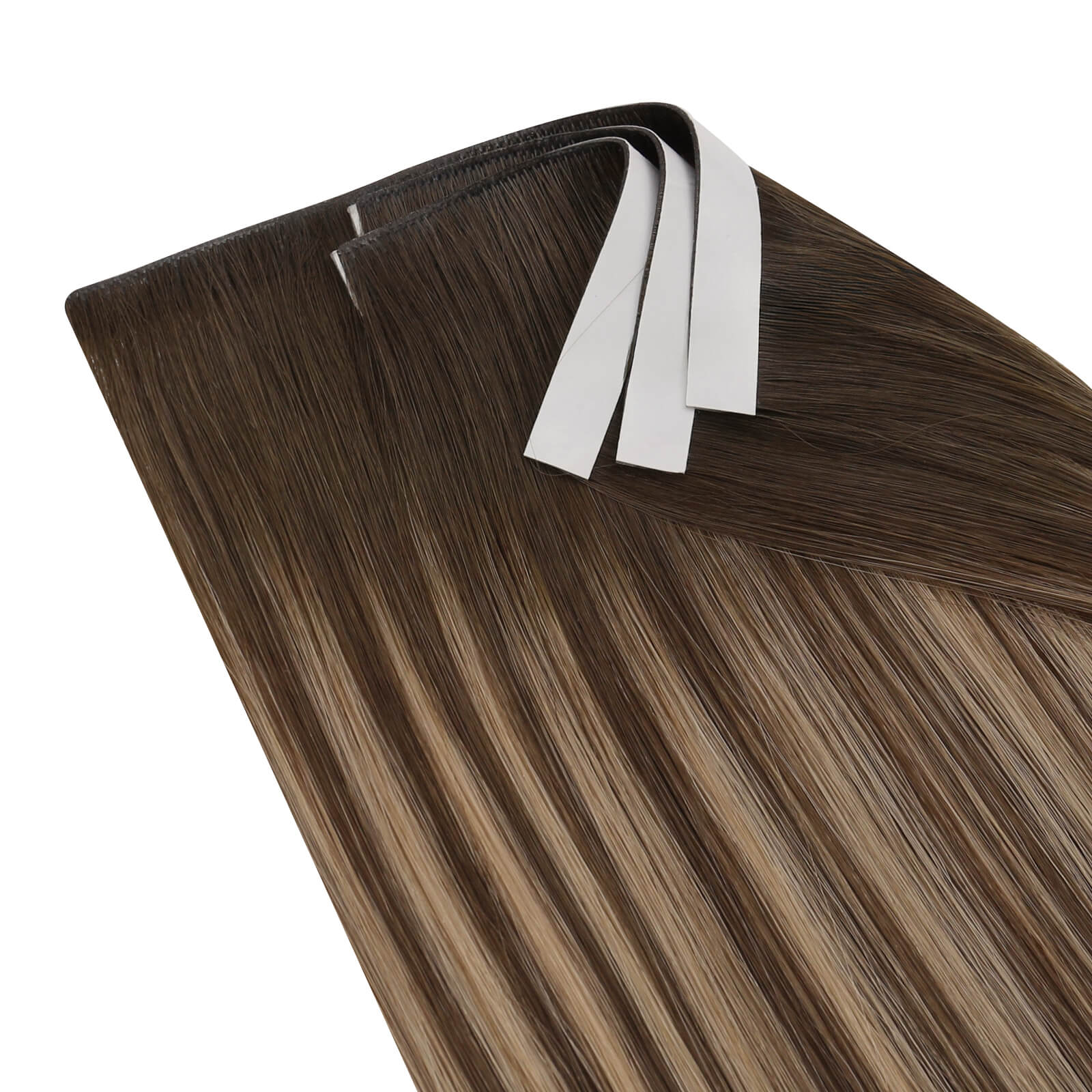 Three bundles of straight invisible tape-in weft hair extensions with balayage brown on a white background.
