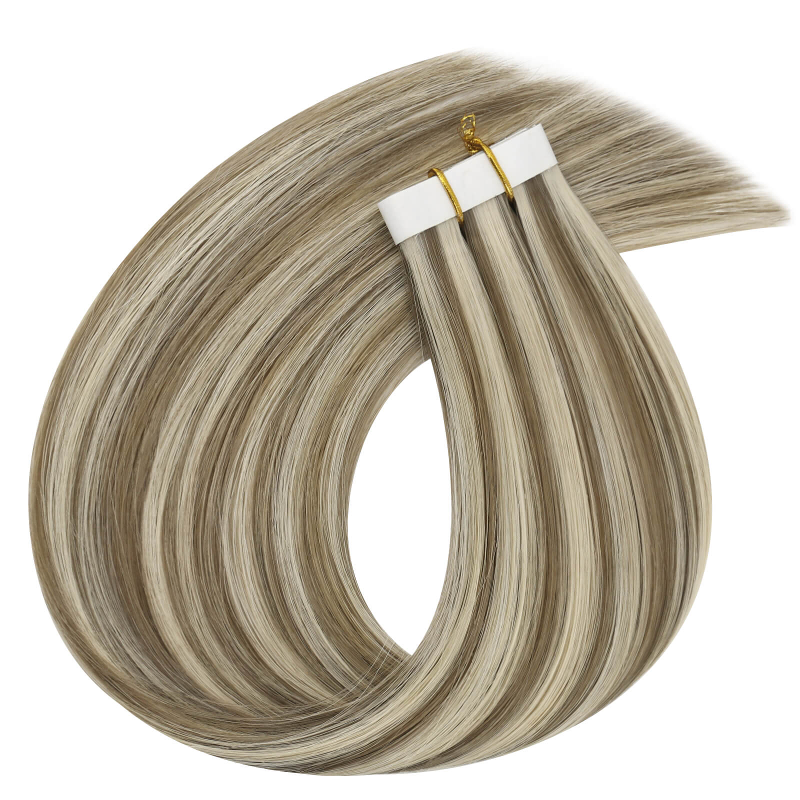 One bundle of straight invisible tape-in weft hair extensions featuring blonde highlights, secured with white bands and gold elastic ties, displayed on a white background.