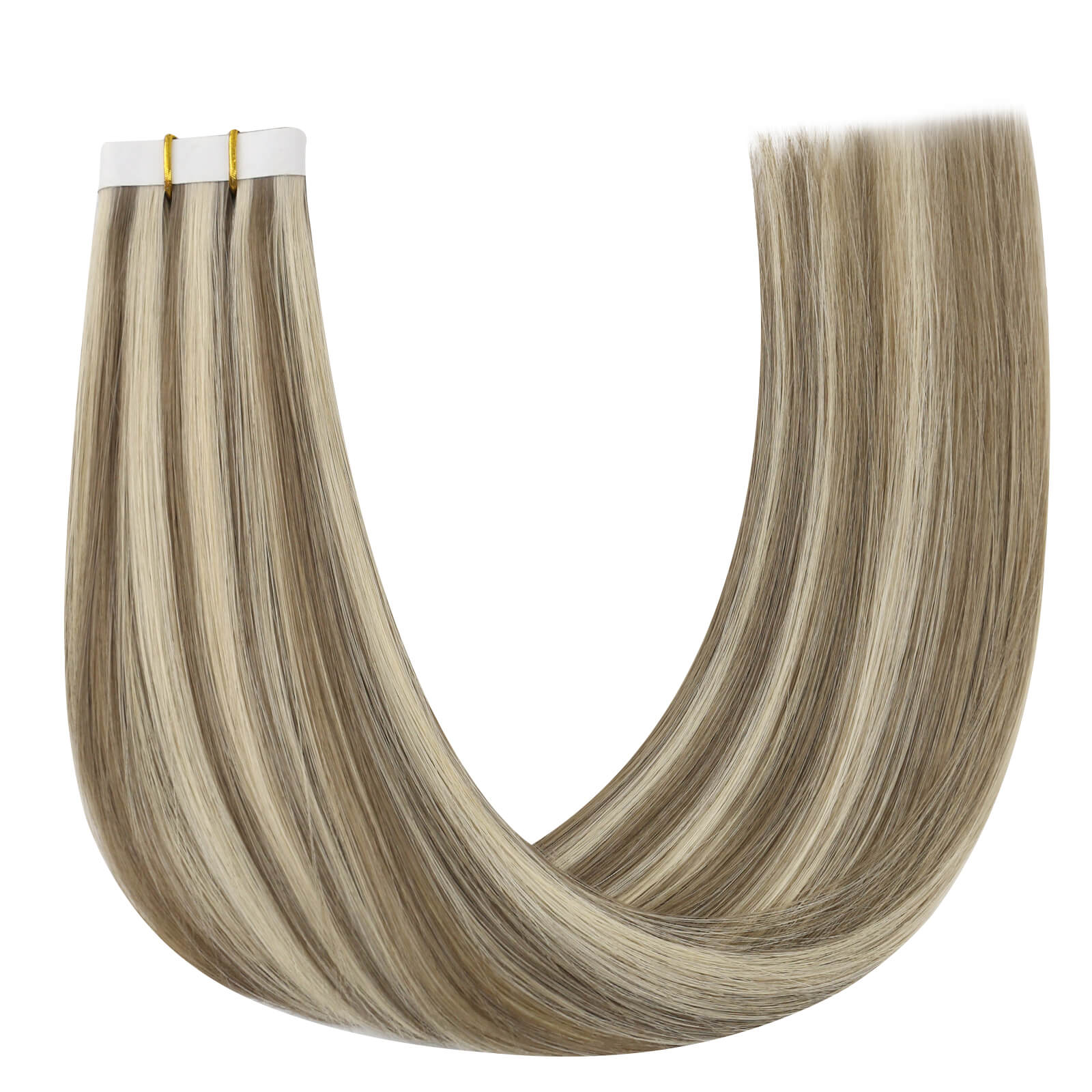 One bundle of straight invisible tape-in weft hair extensions featuring blonde highlights, secured with white bands and gold elastic ties, displayed on a white background.