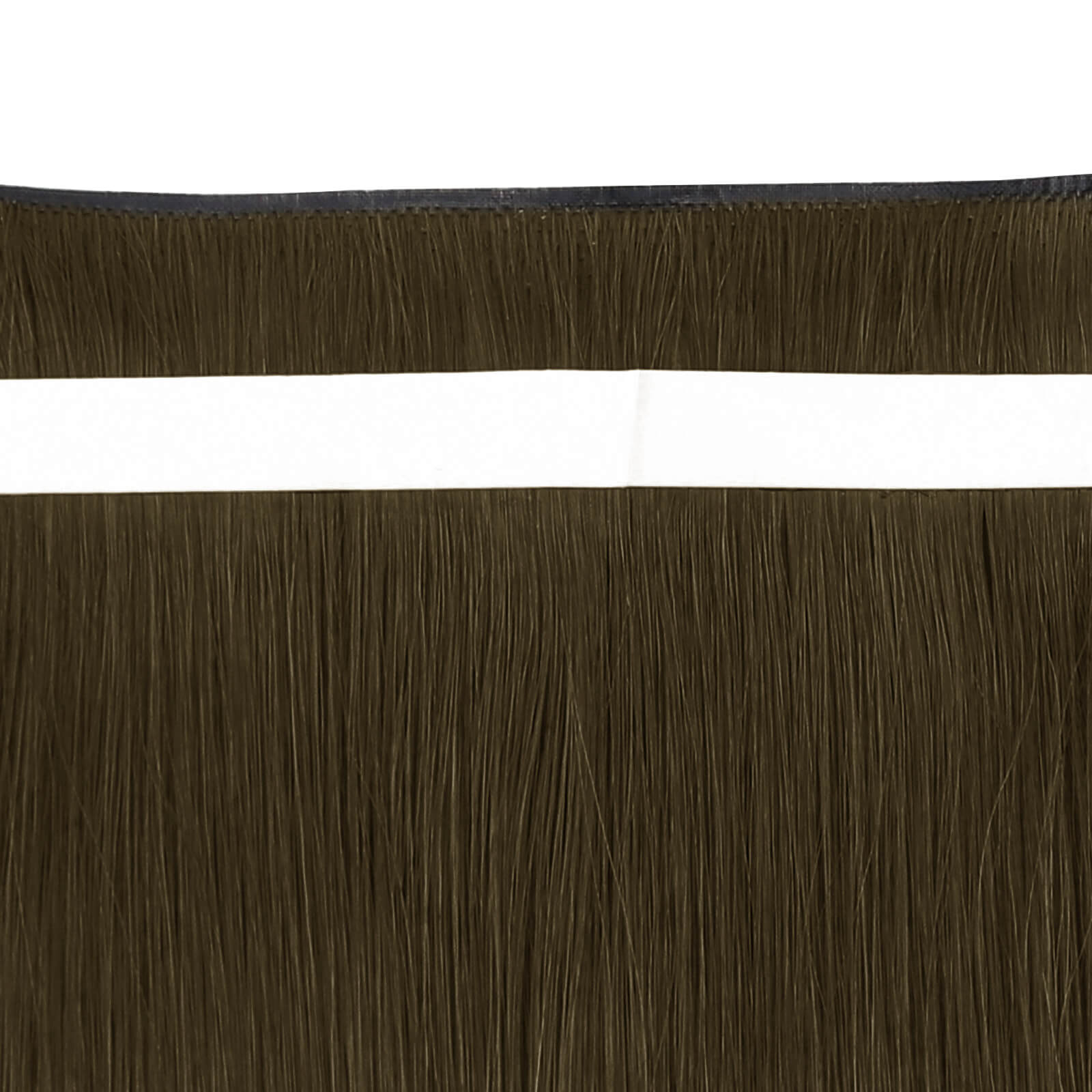 Close-up view of dark brown highlight tape-in weft hair extensions.
