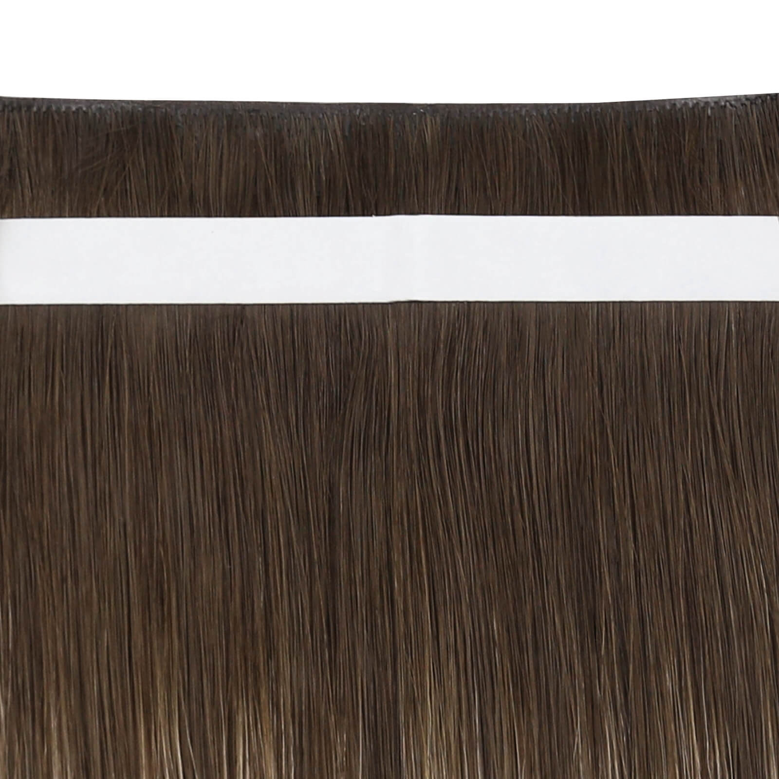 A close-up of straight dark brown hair extensions with a white adhesive band at the top, shown against a white background.