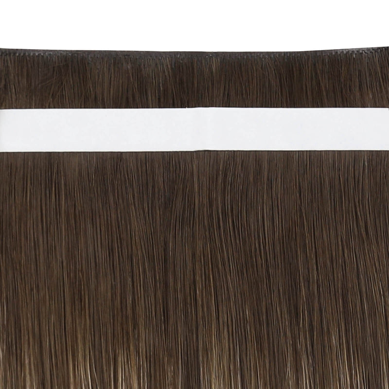 Load image into Gallery viewer, A close-up of straight dark brown hair extensions with a white adhesive band at the top, shown against a white background.
