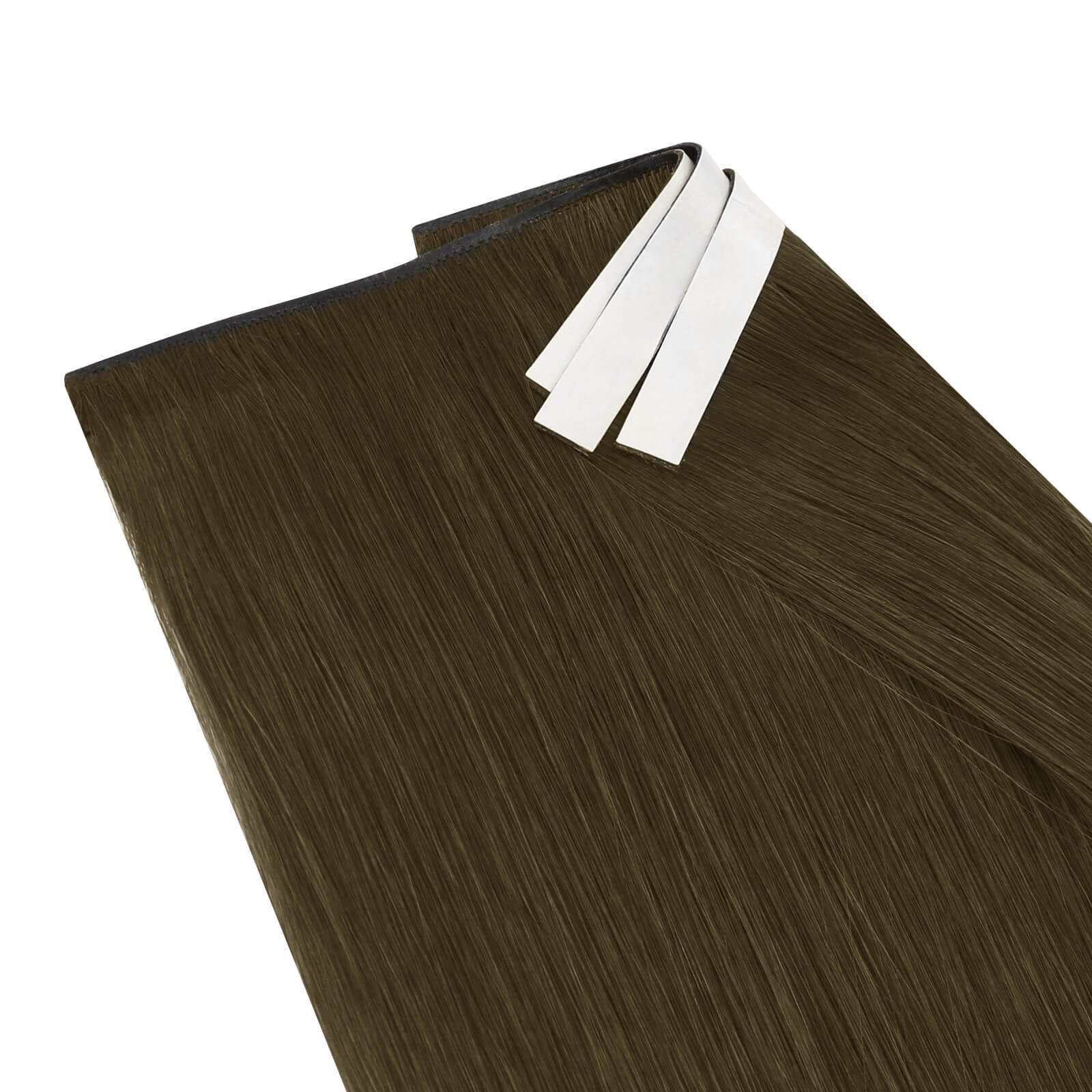 Dark brown hair extension strips with white adhesive tabs, shown on a plain white background.