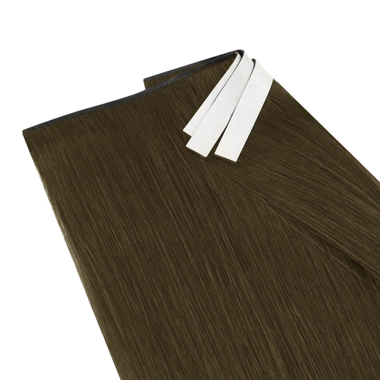 Dark brown hair extension strips with white adhesive tabs, shown on a plain white background.