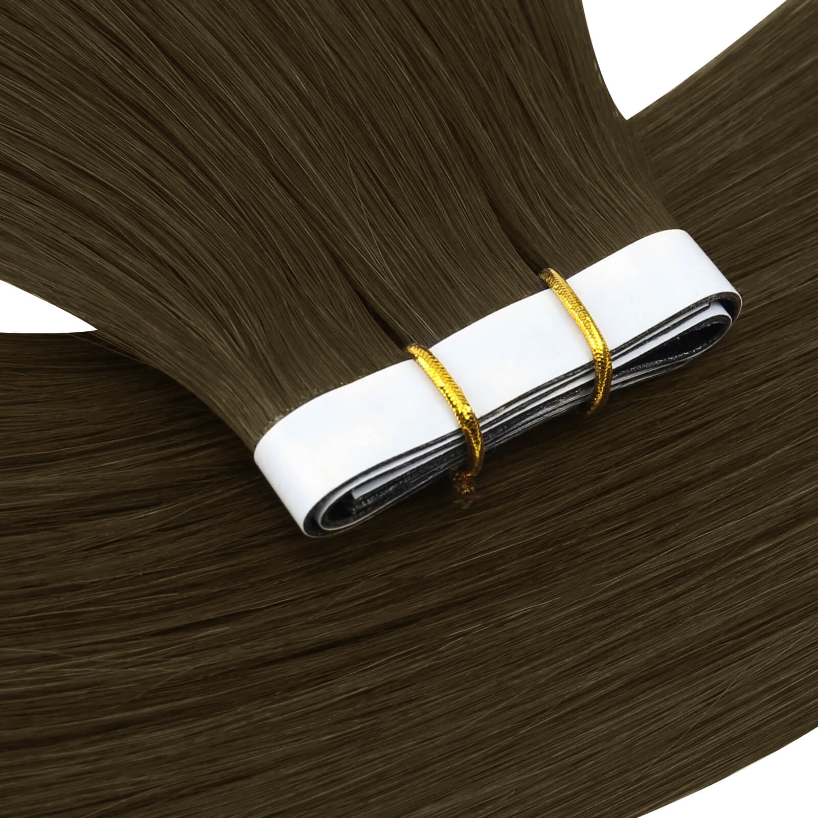 Dark brown hair extension bundles with white elastic bands and gold ties, shown against a white background.