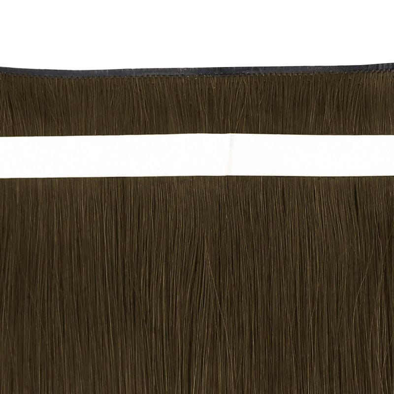 Load image into Gallery viewer, Close-up view of dark brown highlight tape-in weft hair extensions.
