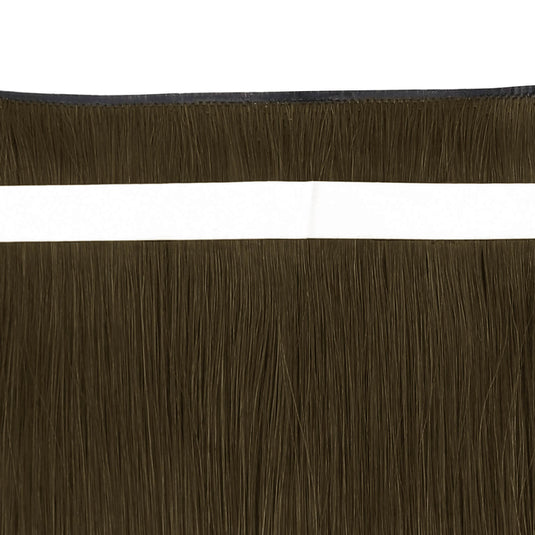 Close-up view of dark brown highlight tape-in weft hair extensions.