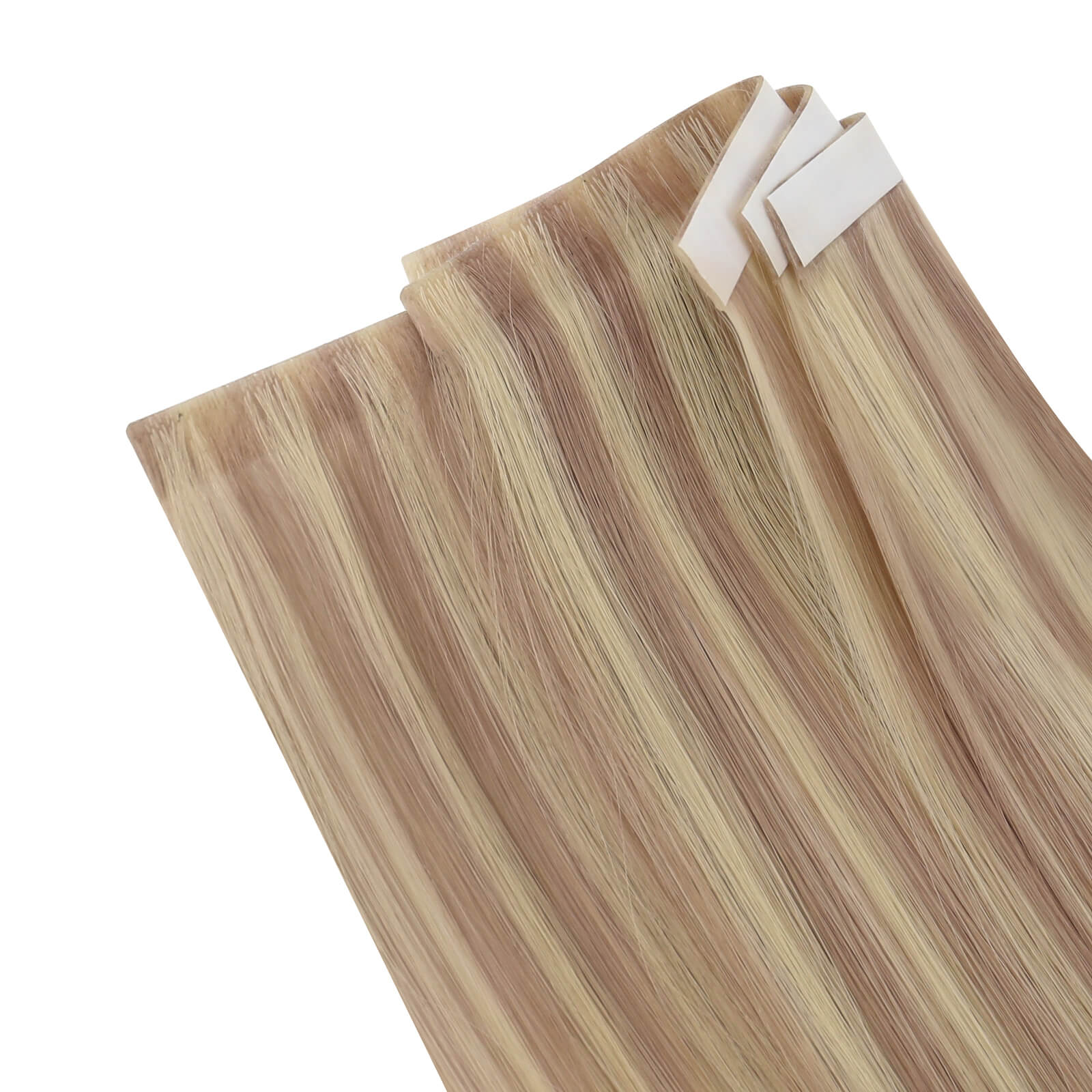 Three bundles of straight invisible tape-in weft hair extensions with pink blonde highlights on a white background.