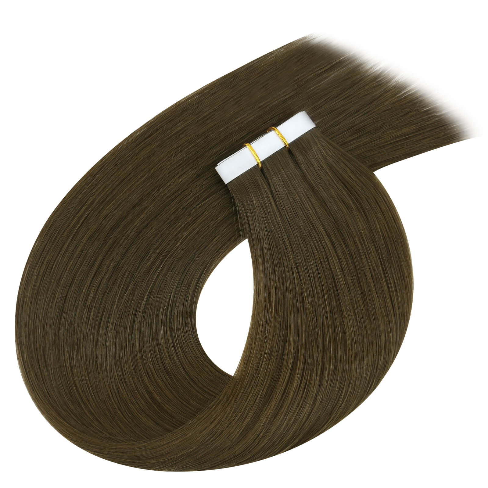 One bundle of straight invisible tape-in weft hair extensions featuring dark brown, secured with white bands and gold elastic ties, displayed on a white background.