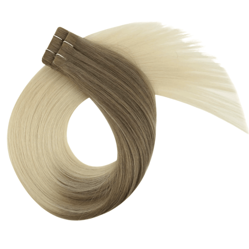 Load image into Gallery viewer, Moresoo balayage blonde hair extensions, invisible tape-in with soft blonde highlights, smooth blonde ombre hair by Moresoo, 18-inch Moresoo balayage blonde tape-in extensions, premium blonde blend hair extensions, high-quality Moresoo extensions with balayage blonde shades.
