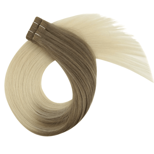 Moresoo balayage blonde hair extensions, invisible tape-in with soft blonde highlights, smooth blonde ombre hair by Moresoo, 18-inch Moresoo balayage blonde tape-in extensions, premium blonde blend hair extensions, high-quality Moresoo extensions with balayage blonde shades.