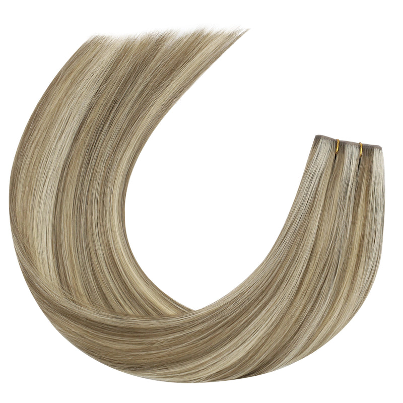 Load image into Gallery viewer, Blonde butterfly weft hair extension on a white background
