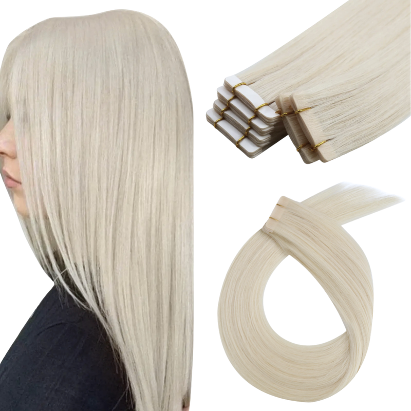 Load image into Gallery viewer, Blonde hair extensions with a person wearing them and close-up views on a white background.
