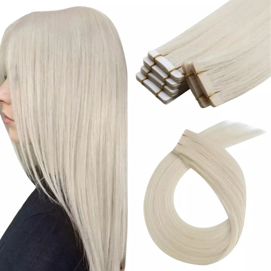 Blonde hair extensions with a person wearing them and close-up views on a white background.