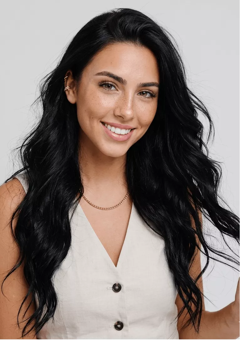 Woman with black wavy hair extensions featuring smooth texture and glossy finish.