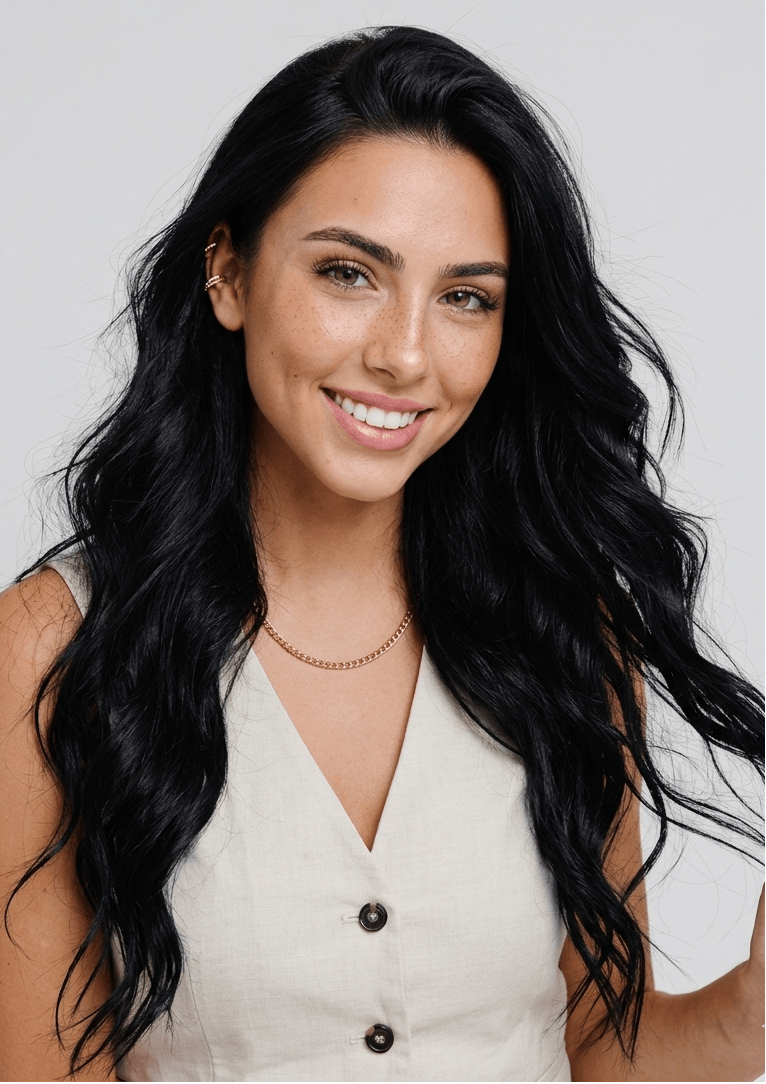 Woman with long, wavy black hair wearing a beige top against a plain background