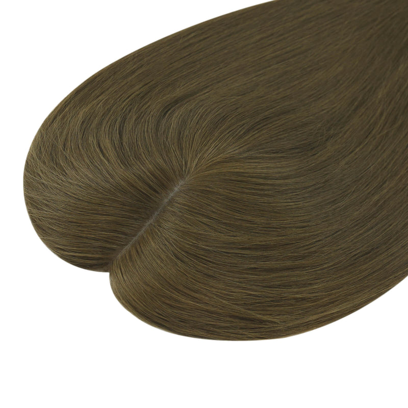 Load image into Gallery viewer, A close-up of smooth, straight hair topper section in a medium dark ash brown shade, showing the texture and color against a plain white background.

