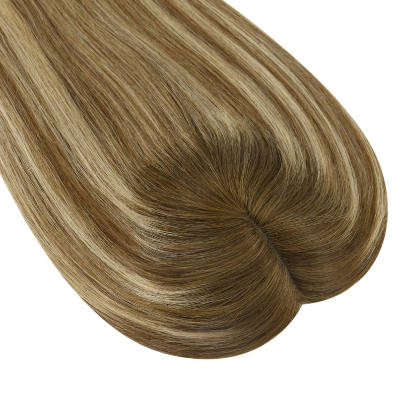 Load image into Gallery viewer, A close-up of a topper section with straight, glossy strands in a blended light brown and blonde balayage pattern, isolated on a white background.
