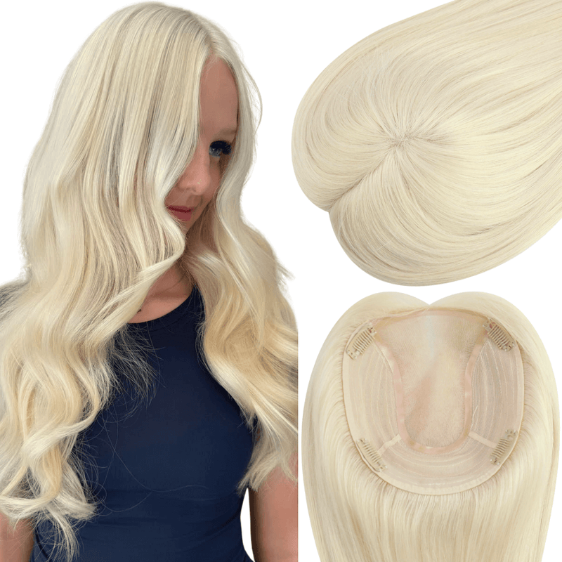 Load image into Gallery viewer, Blonde hair extension with a close-up of the base and a model wearing it.
