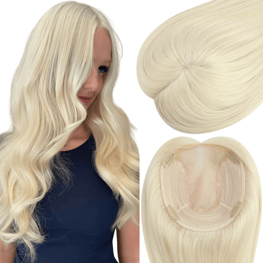 Blonde hair extension with a close-up of the base and a model wearing it.