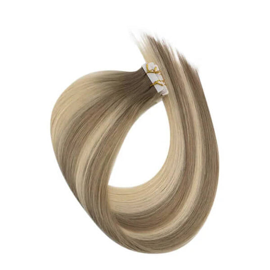 Moresoo light brown blonde balayage tape ins, 18-inch balayage hair extensions, high-quality balayage highlights, premium light brown blonde balayage, seamless balayage hair extensions, invisible balayage highlights, luxurious brown blonde balayage, natural balayage hair, smooth balayage extensions, salon-quality balayage highlights