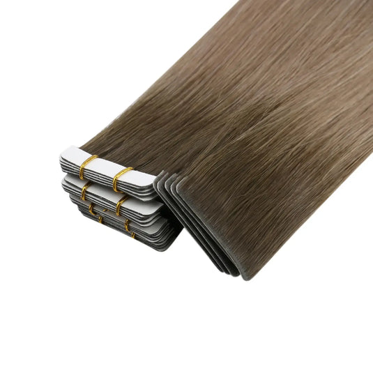 Moresoo dark to light brown ombre tape-in hair, 16-inch extensions, seamless balayage, high-quality brown ombre mix, invisible tape-ins for natural transitions, smooth light brown highlights, long-lasting adhesive extensions, luxurious balayage hair, salon-quality dark brown light brown blend, premium ombre extensions