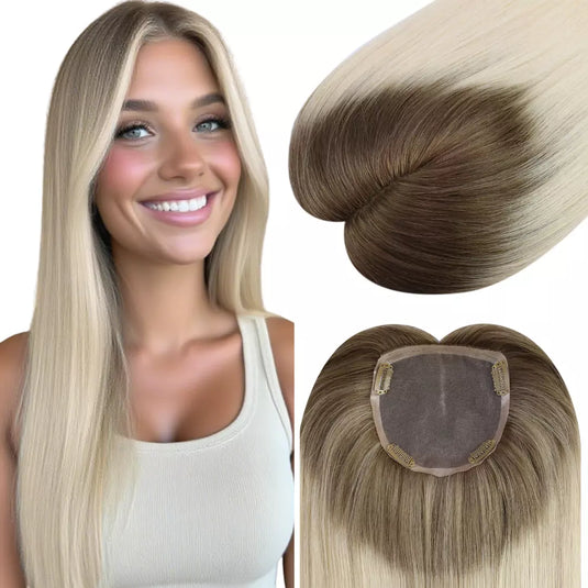 Real human hair topper for women with thinning crown, ombre brown to blonde (T10/613)