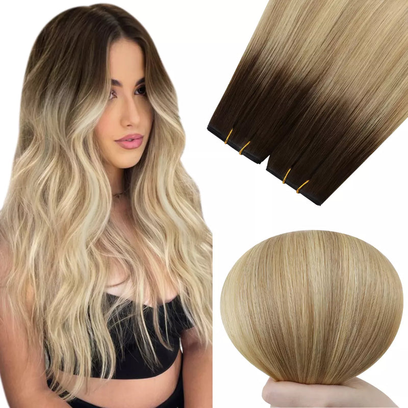 Load image into Gallery viewer, Model wearing long wavy balayage human hair butterfly weft extensions
