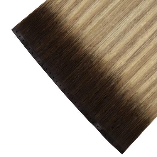 Blonde butterfly weft hair extensions on a white background