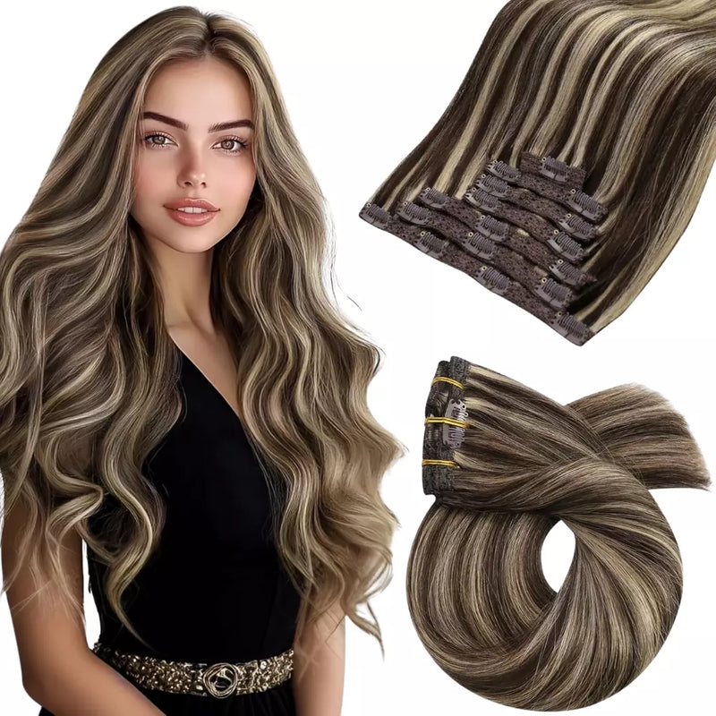 Load image into Gallery viewer, 100% Remy human hair Brown hair clip in human hair extensions Double weft human hair extensions
