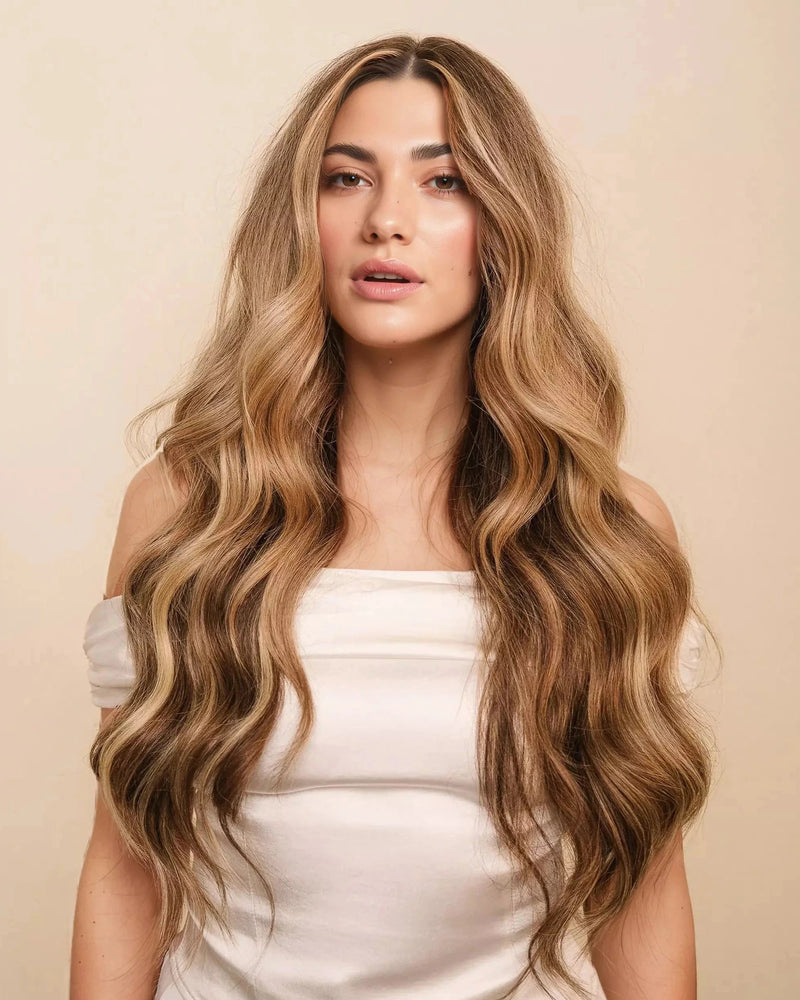 Woman with long, wavy hair against a beige background