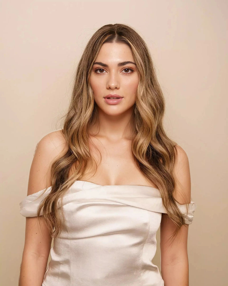 Woman wearing a white off-shoulder top against a beige background